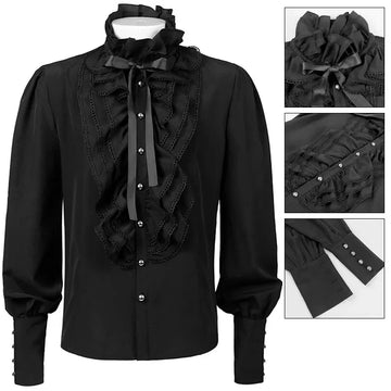 Victorian High-Neck Lace Jabot Blouse with Ruffle Collar